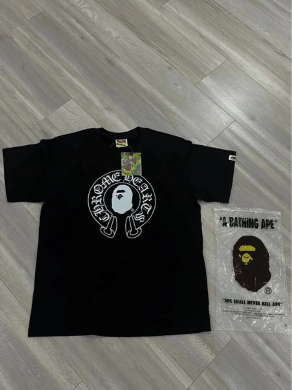 Bape Black Tee with White Ape Crest Graphic